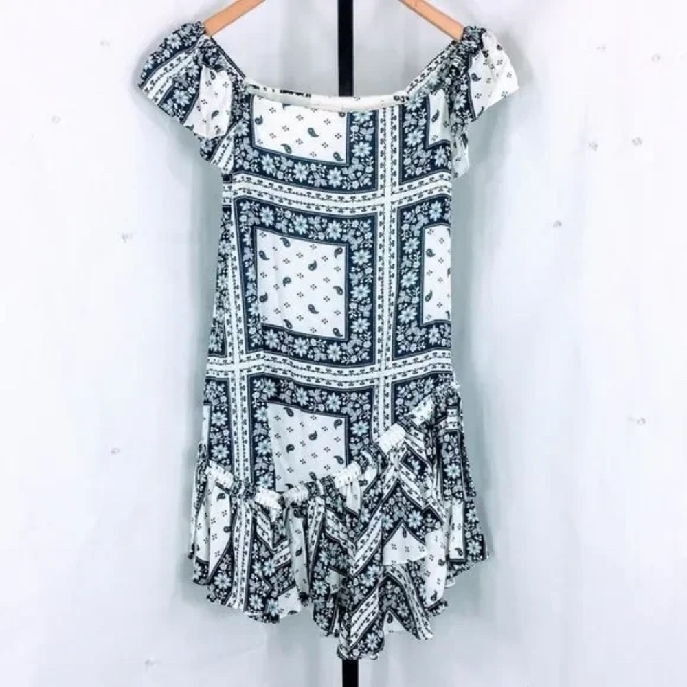 Cinq a Sept Mini Dress Minella Off Shoulder Paisley Bandana Print Ruffle Size 0